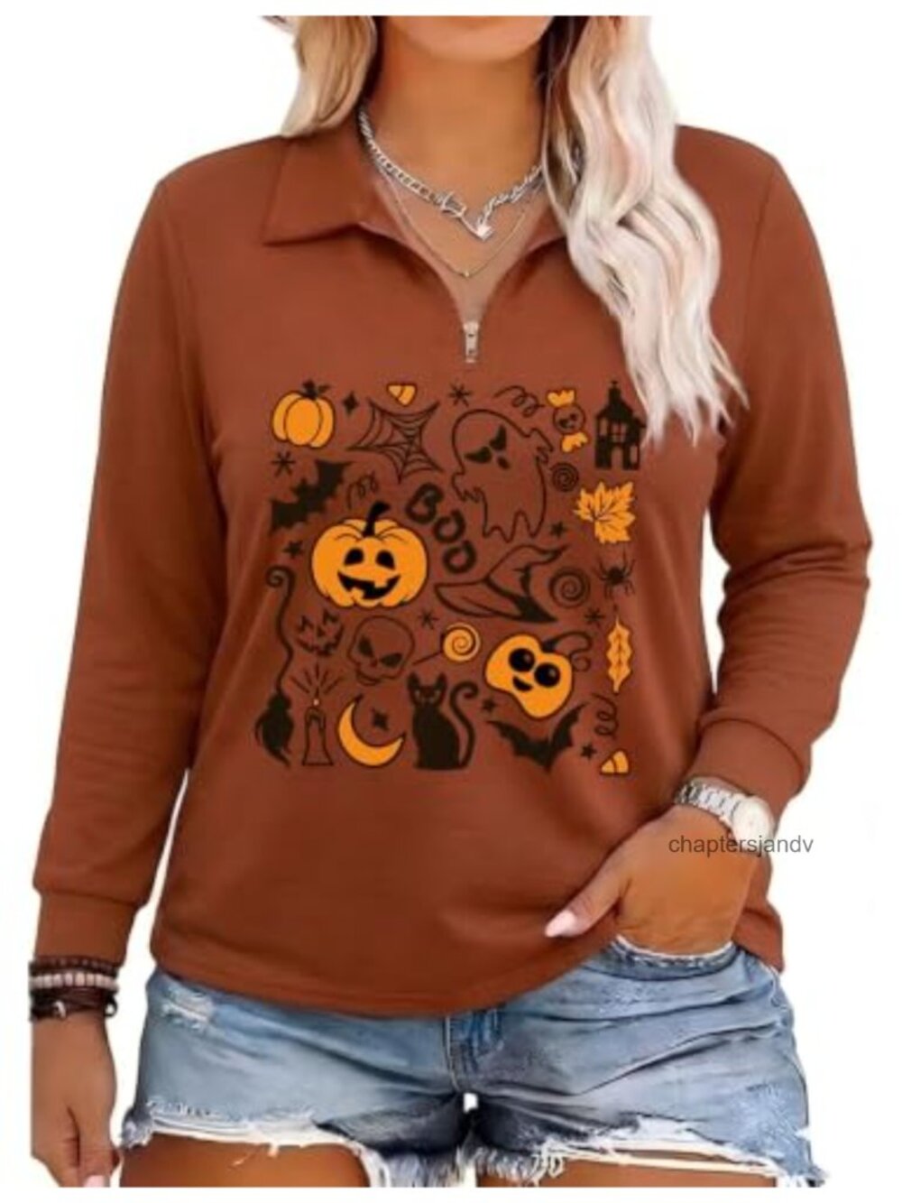 Plus Size Halloween Witch Graphic T-Shirt Quarter Zip V-Neck Short Sleeve